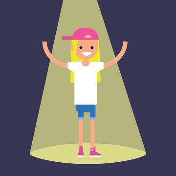 girl in spotlight, pink cap, arms raised clip art preview