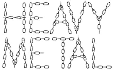 Heavy Metal inscription with the letters made from metal chain, isolated on white.