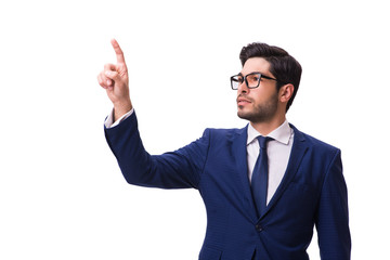 Young businessman pressing virtual buttons isolated on white