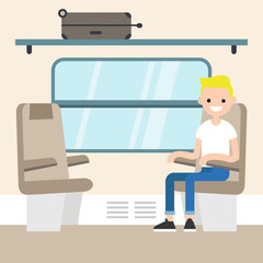 Young passenger sitting in the train compartment / editable flat vector illustration