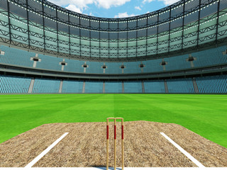 Fototapeta premium 3D render of a round cricket stadium with sky blue seats and VIP boxes