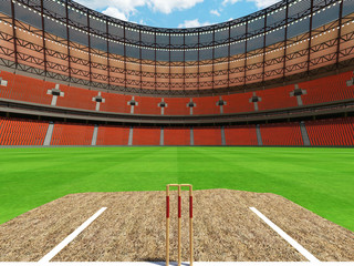Obraz premium 3D render of a round cricket stadium with orange seats and VIP boxes