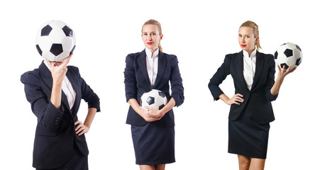 Businesswoman with football on white