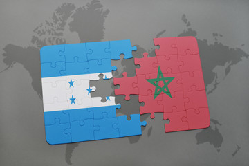 puzzle with the national flag of honduras and morocco on a world map