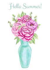 Card with Watercolor Bouquet in Vase and Words Hello Summer