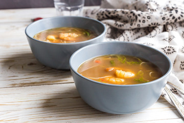Simple Thai soup with shrimp, lemongrass, chilli and noodles