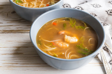 Simple Thai soup with shrimp, lemongrass, chilli and noodles