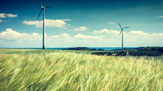 Country landscape with wind turbines. Ecology 