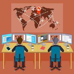 People on a workplace before the world map with indexes of the transport directions flat style a vector illustration.