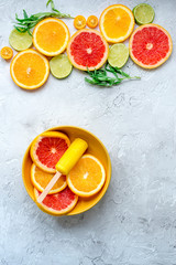 Orange icecream with fruits on table background top view mock-up