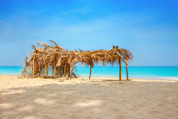 Hovel made of palm leaves on the beach