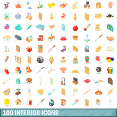 100 interior icons set, cartoon style