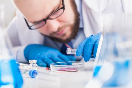 Man researcher carrying out scientific research.