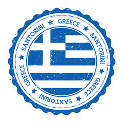 Santorini flag badge. Vintage travel stamp with circular text, stars and island flag inside it. Vector illustration.