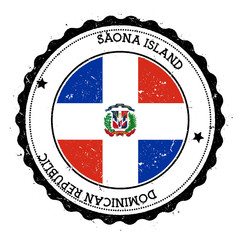 Saona Island flag badge. Vintage travel stamp with circular text, stars and island flag inside it. Vector illustration.