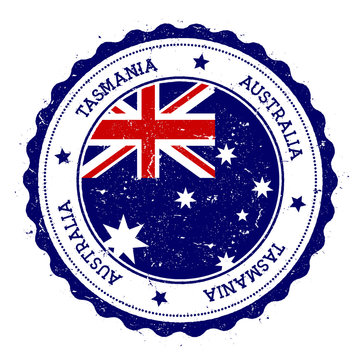 Tasmania flag badge. Vintage travel stamp with circular text, stars and island flag inside it. Vector illustration.