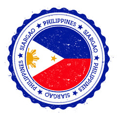 Siargao flag badge. Vintage travel stamp with circular text, stars and island flag inside it. Vector illustration.