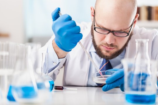 Man researcher carrying out scientific research.