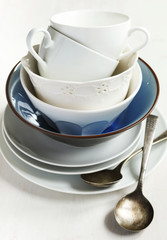 Kitchen cooking utensils. Cup and plate