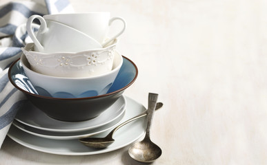 Kitchen cooking utensils. Cup and plate