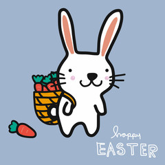 Cute white rabbit carry carrot basket Happy Easter cartoon vector illustration