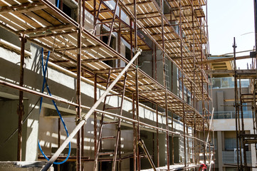 Metal scaffolding with wooden beams