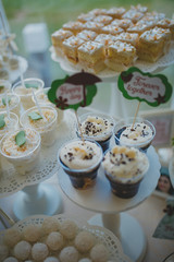 Beautiful sweets on buffet table with decorations