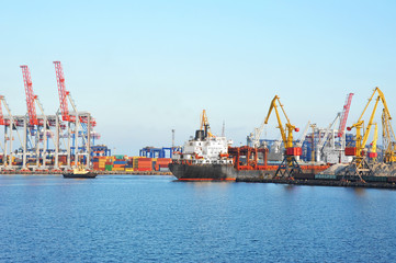 Fototapeta premium Tugboat assisting bulk cargo ship