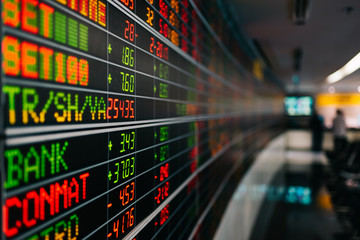 Closeup shot of display electronic board of stock market quotes in trading room