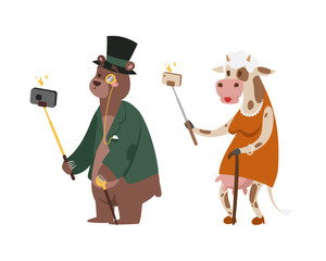 Funny picture photographer mamal person take selfie stick in his hand and cute animal taking a selfie together with smartphone camera vector illustration.