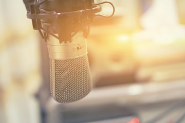 audio and studio recording concept, Microphone in a recording studio or concert hall ,above...