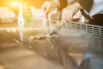 Grilling beef steak (japanese kobe matsusaka),japanese style lobster, tepan yaki,selective focus ,vintage color
