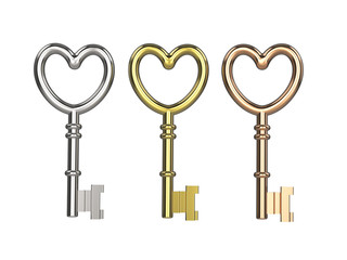3D illustration three keys silver gold copper