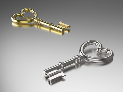 3D illustration gold and silver key