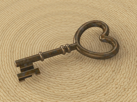 3D illustration rusty retro heart key