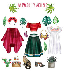 Watercolor digital illustration - watercolor fashion clip art set - Wardrobe essentials - Woman Apparel - Flat fashion sketch