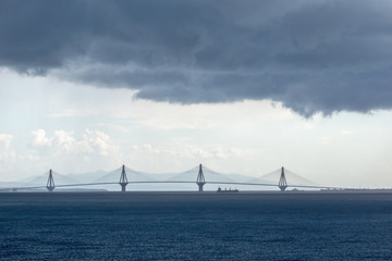 Panorama of The cable bridge between Rio and Antirrio from Nafpaktos, Patra, Western Greece