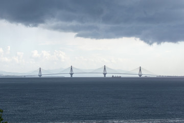 Panorama of The cable bridge between Rio and Antirrio from Nafpaktos, Patra, Western Greece