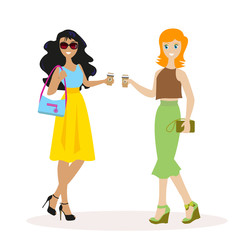 Two friends or colleagues communicate with morning coffee. Flat character isolated on white background. Vector, illustration EPS10.