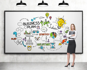 Woman with folder and business plan on whiteboard