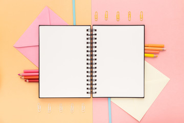 Notebook opened. Flat lay. 