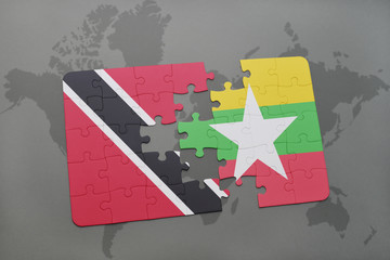 puzzle with the national flag of trinidad and tobago and myanmar on a world map