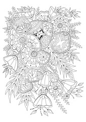 Hand drawn backdrop. Coloring book, page for adult and older children. Black and white abstract floral pattern.