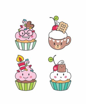 Set Cupcake kawaii geek, desenho cupcake, bolo de copo, bolinhos, emotions, elementos, doce 18