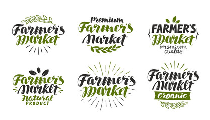 Farmer's market, label. Farm, agriculture, natural or organic product symbol. Lettering, calligraphy vector illustration