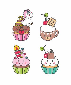 Set Cupcake kawaii geek, desenho cupcake, bolo de copo, bolinhos, emotions, elementos, doce 16