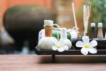 Obraz na płótnie Canvas Spa massage compress balls, herbal ball and treatment spa, Thailand, select focus