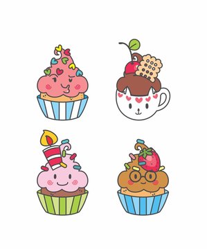 Set Cupcake kawaii geek, desenho cupcake, bolo de copo, bolinhos, emotions, elementos, doce 07