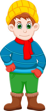 cute boy cartoon posing with winter clothes