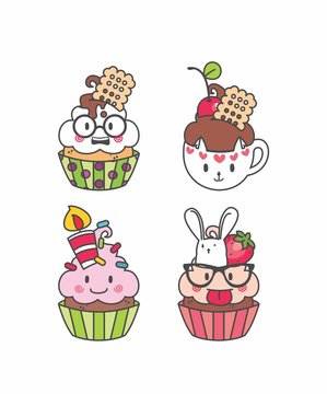 Set Cupcake kawaii geek, desenho cupcake, bolo de copo, bolinhos, emotions, elementos, doce 03